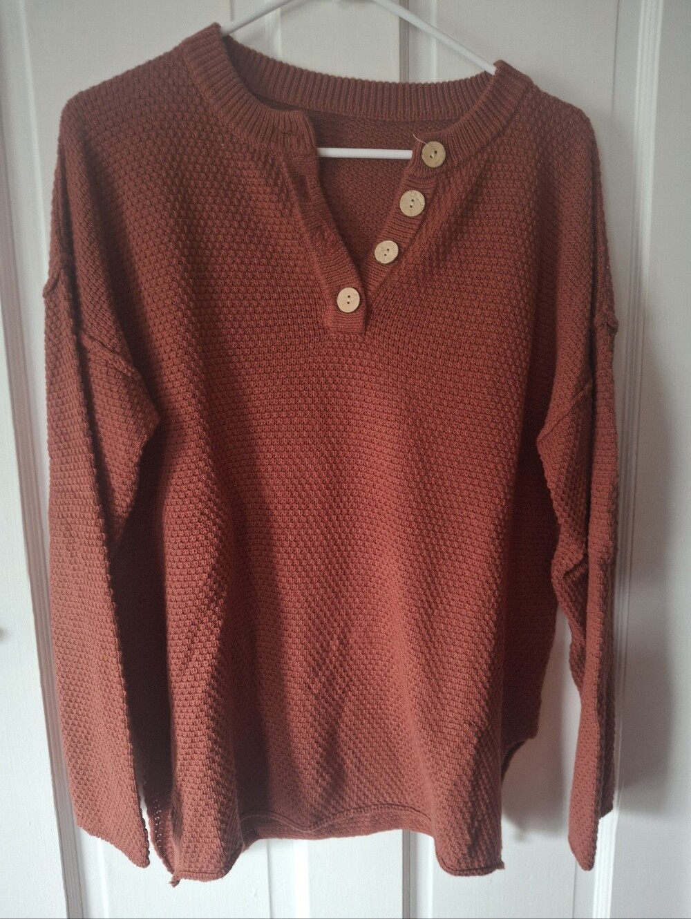 Rust Textured Henley Sweater with Button Placket Lg